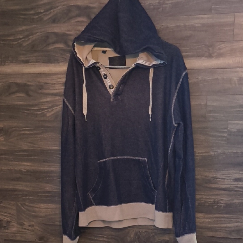 Buffalo David Bitton Men's XL Denim Look Hooded Henley Pullover – Indigo Blue